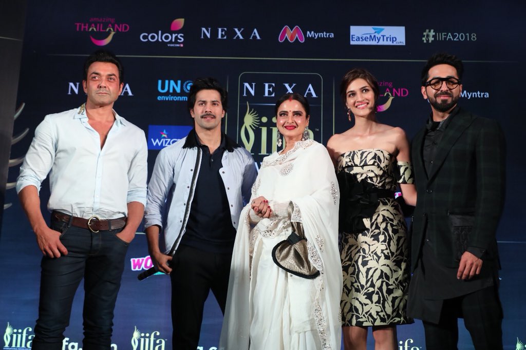 From left: Bobby Deol, Varun Dhawan, Rekha, Kriti Sanon and Ayushmann Khurrana at IIFA press conference. 