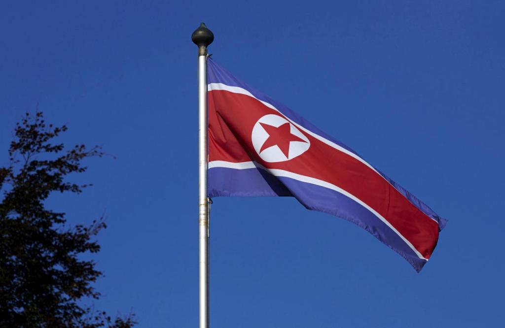 File photo of a North Korean flag flies on a mast at the Permanent Mission of North Korea in Geneva October 2, 2014. REUTERS/Denis Balibouse/File Photo