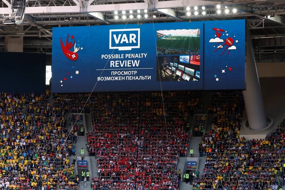The VAR review screen as a penalty award to Brazil was rescinded REUTERS/Lee Smith
