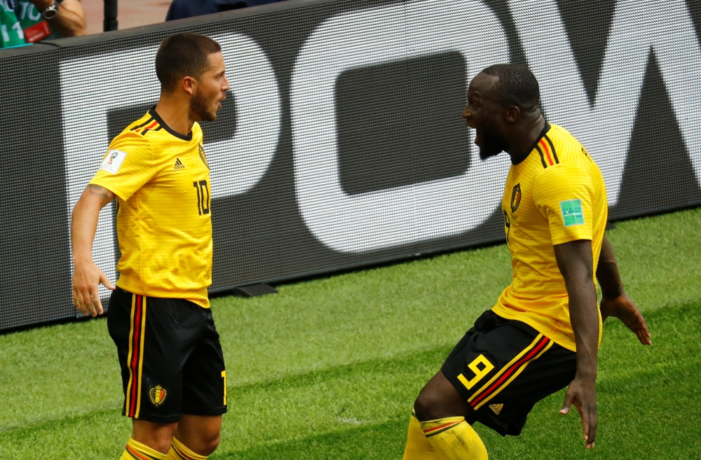 Belgium's Eden Hazard celebrates scoring their fourth goal with Romelu Lukaku REUTERS/Kai Pfaffenbach
