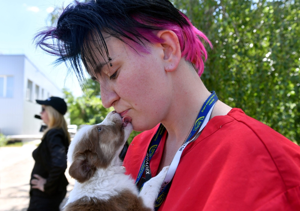 A volunteer of Clean Futures Fund (CFF) holds a stray puppy outside the improvised animals hospital just near the Chernobyl power plant on June 8, 2018. / AFP / Sergei SUPINSKY 