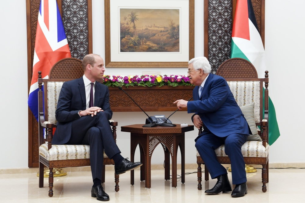Duke of Cambridge Prince William meets with Palestinian President Mahmoud Abbas during his official visit on June 27, 2018 in Ramallah, West Bank. (Palestinian Presidency /  Anadolu Agency)