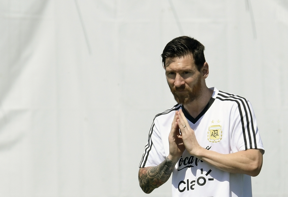 Argentina's forward Lionel Messi gestures during a training session at the team's base camp in Bronnitsy, near Moscow, on June 28, 2018, ahead of their Russia 2018 World Cup round of 16 football match against France to be held in Kazan on June 30. / AFP /