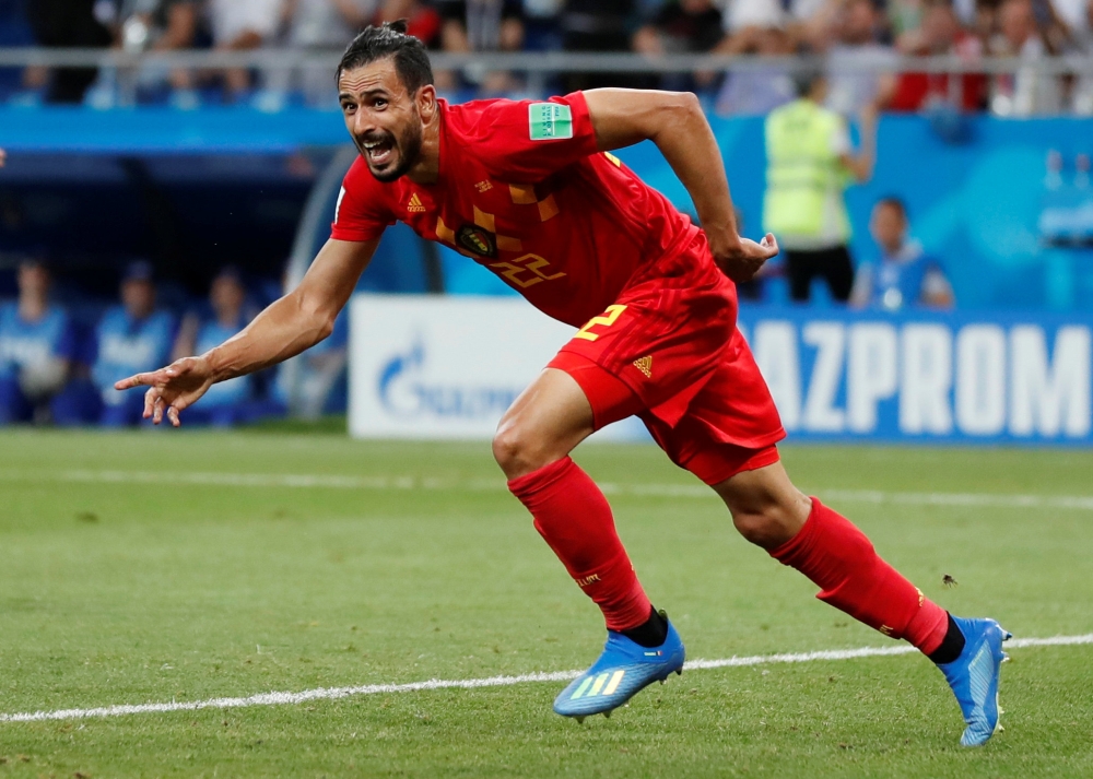 Belgium's Nacer Chadli celebrates scoring their third goal. Reuters/Toru Hanai