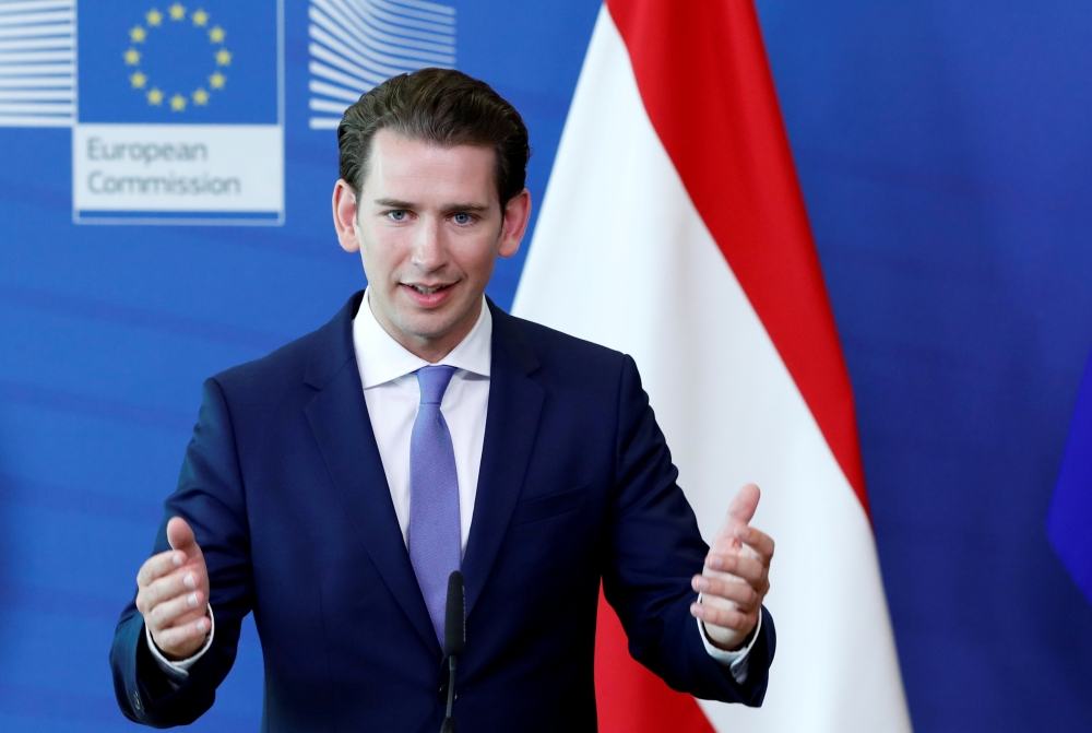 Austrian Chancellor Sebastian Kurz holds a news conference after meeting European Commission President Jean-Claude Juncker at the EU Commission headquarters in Brussels, Belgium, June 6, 2018. REUTERS/Francois Lenoir