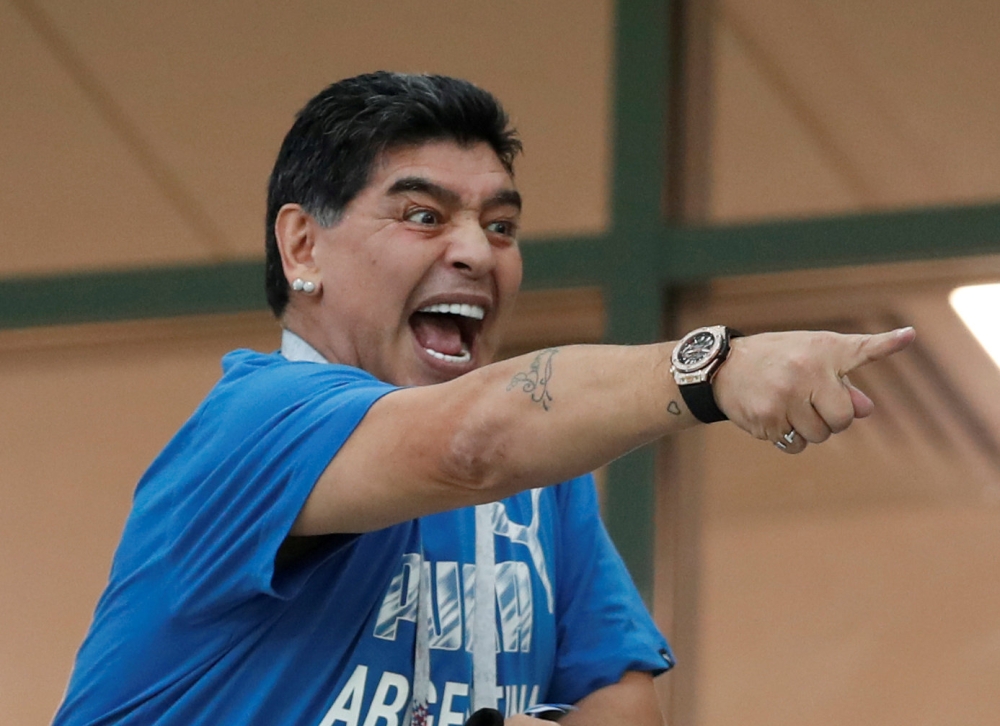 FILE PHOTO: Diego Maradona in the stands in World Cup match between Argentina and Croatia, Nizhny Novgorod, Russia - June 21, 2018 REUTERS/Matthew Childs/File Photo