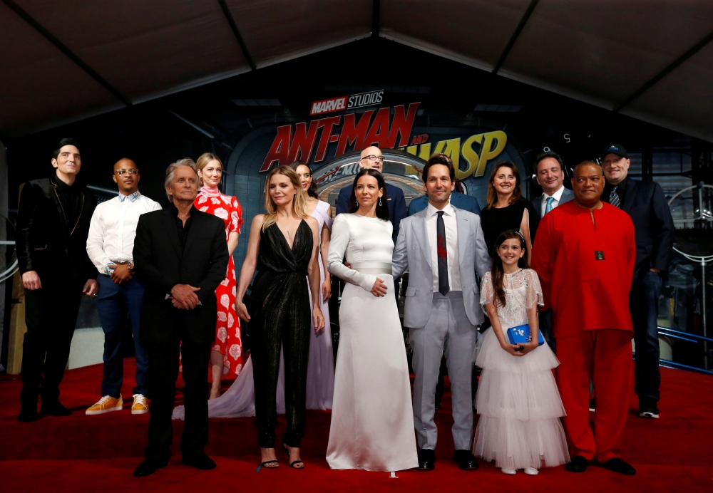Cast members and crew attend the premiere of the movie Ant-Man and the Wasp in Los Angeles, June 25, 2018. (front row L-R) Michael Douglas, Michelle Pfeiffer, Evangeline Lilly, Paul Rudd, Abby Ryder Fortson, Laurence Fishburne, (back row L-4th L) David Da