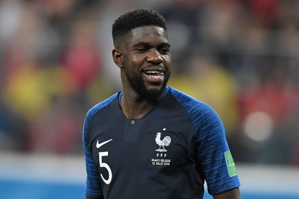 Samuel Umtiti looks on during the Russia 2018 World Cup semi-final football match between France and Belgium at the Saint Petersburg Stadium in Saint Petersburg on July 10, 2018.  AFP / Gabriel Bouys