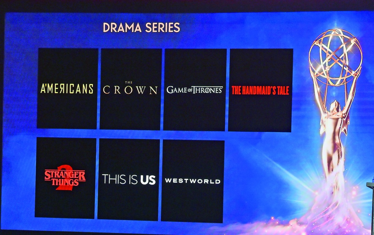 The nominees for Best Drama Series are displayed at the nominations announcement for the 70th Emmy Awards, July 12, 2018 at the Television Academy's Wolf Theatre in North Hollywood, California.  AFP / Robyn Beck

