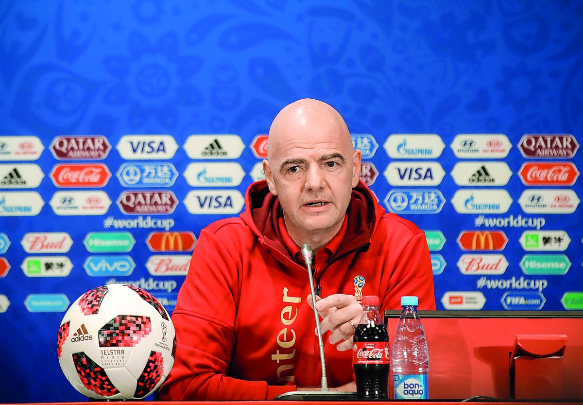 FIFA President Gianni Infantino makes a speech ahead of the final match of the 2018 FIFA World Cup Russia during the press conference at the Luzhniki Stadium in Moscow, Russia, on July 13, 2018. (?ebnem Co?kun/Anadolu Agency) 