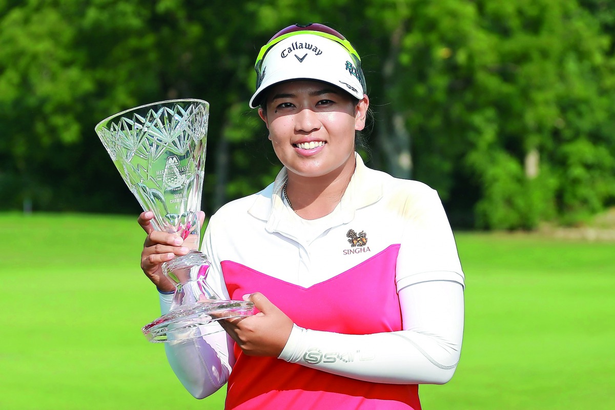 Thidapa Suwannapura of Thailand poses with the trophy after winning the Marathon Classic Presented By Owens Corning And O-I at Highland Meadows Golf Club on July 15, 2018 in Sylvania, Ohio. Matt Sullivan/Getty Images/AFP