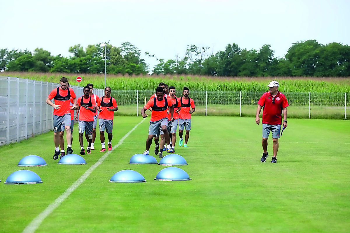 Al Arabi players taking part in a practice drill during their pre-season training camp in Slovenia yesterday. 