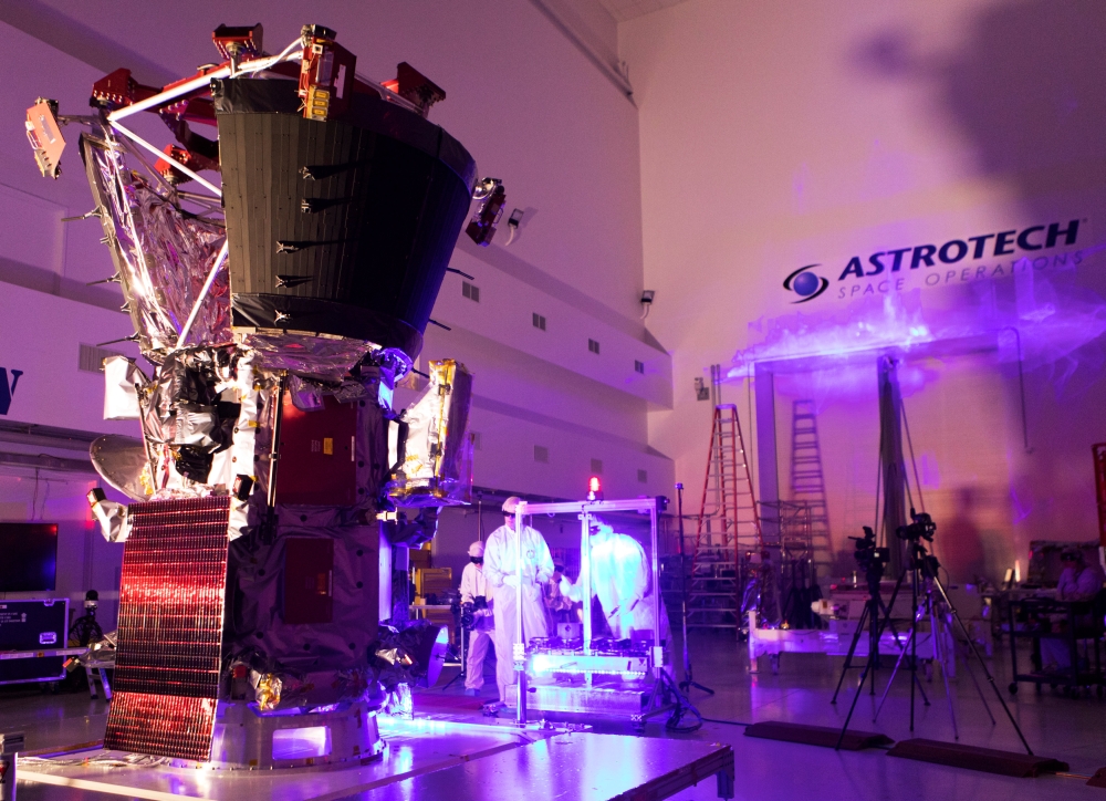 Technicians and engineers perform light bar testing on NASA's Parker Solar Probe, which will travel through the Sun's atmosphere, in the Astrotech processing facility near NASA's Kennedy Space Center, in Titusville, Florida, U.S., June 5, 2018. (Glenn Ben