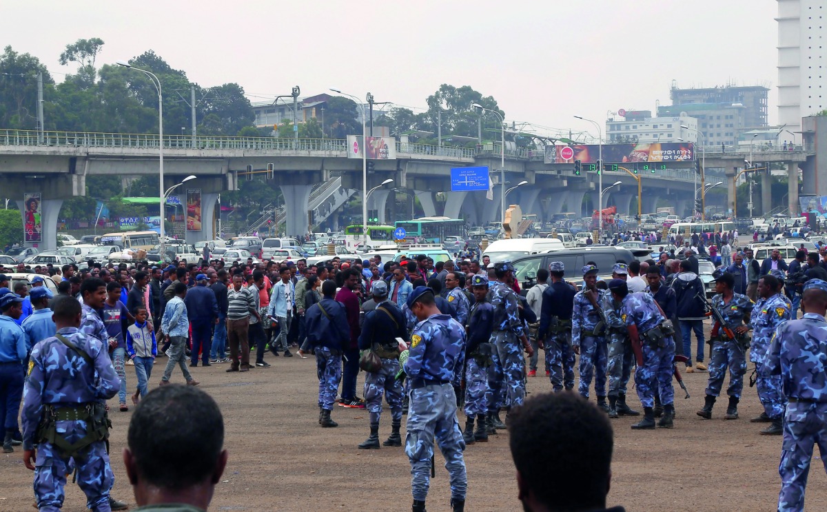 Police officers take security measures after Ethiopian Hidase Dam engineer Simegnew Bekele, who was head engineer of the team constructing the Hidase Dam known as the Grand Ethiopia Renaissance Dam (GERD), was found dead in his parked car at the Meskel Sq