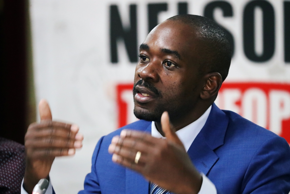 Opposition Movement for Democratic Change (MDC) party leader Nelson Chamisa addresses a media conference in Harare, Zimbabwe July 29, 2018. Reuters/Mike Hutchings