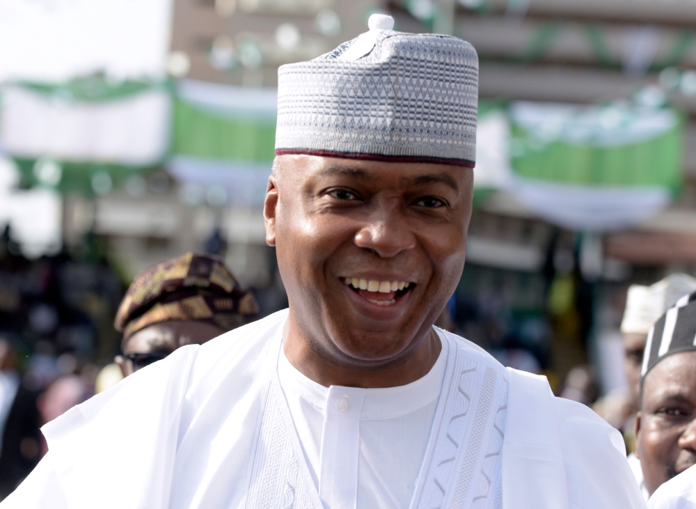In this file photo taken on May 29, 2015 Senator Bukola Saraki, reacts in Abuja. AFP / Pius Utomi Ekpei 