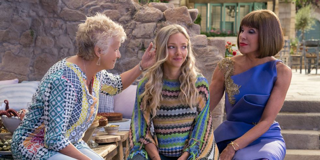 Still of the actors Amanda Seyfried (C), Julie Walters (L) and Christine Baranski (R) from the movie Mama Mia! Here We Go Again.