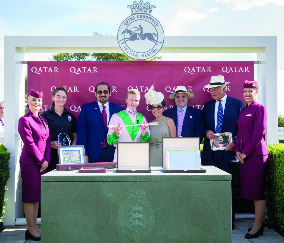 QREC GM Nasser Sherida Al Kaabi (third left) during a trophy presentation ceremony for the Qatar EBF Stallions Maiden Stakes - Duke Of Hazzar, yesterday. 
