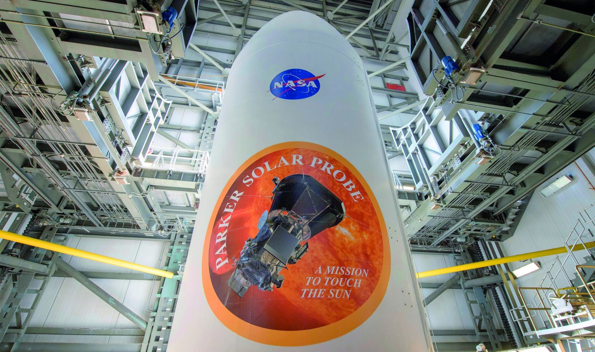 The United Launch Alliance Delta IV Heavy rocket payload fairing with the Nasa and Parker Solar Probe emblems, at Launch Complex 37, Cape Canaveral Air Force Station in Florida, yesterday.