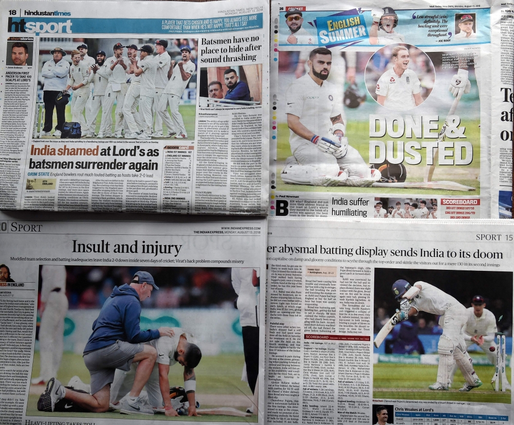 A collage of Indian newspaper's sports page (from top L clockwise) Hindustan Times, Mail Today, The Indian Express and The Hindu, in New Delhi on August 13, 2018. (AFP / Prakash SINGH)