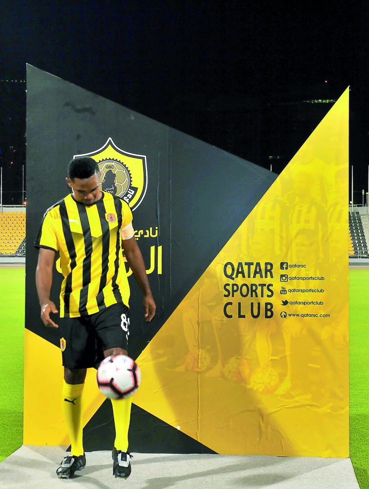 Former Barcelona and Inter Milan striker Samuel Eto’o shows off his skills during the unveiling ceremony held in Doha yesterday.  Pictures: Baher Amin/The Peninsula