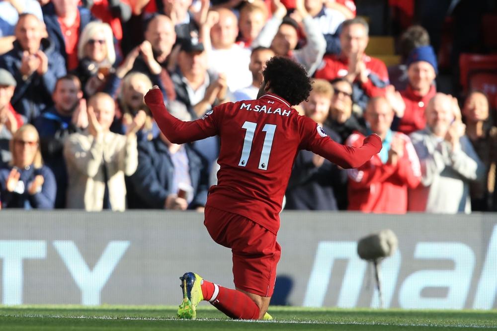 Liverpool's Egyptian midfielder Mohamed Salah  at Anfield in Liverpool, north west England on August 25, 2018.  / AFP / Lindsey PARNABY 