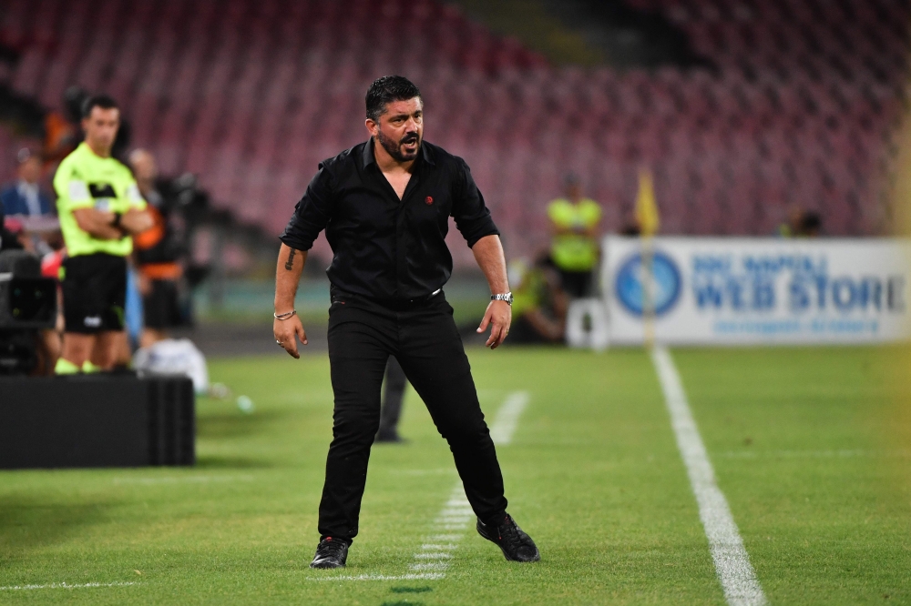 AC Milan's Italian coach Gennaro Gattuso reacts during the Italian Serie A football match Napoli vs AC Milan on August 25, 2018 at the San Paolo Stadium in Naples. / AFP / Alberto PIZZOLI