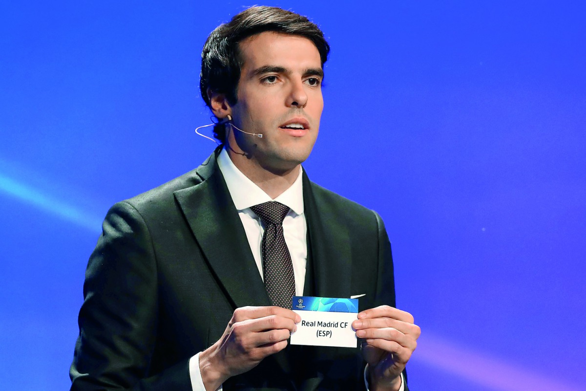 Brazilian former football player Kaka shows the name of CSKA Moscow during the draw for UEFA Champions League football tournament at The Grimaldi Forum in Monaco on August 30, 2018. AFP  Valery Hache
