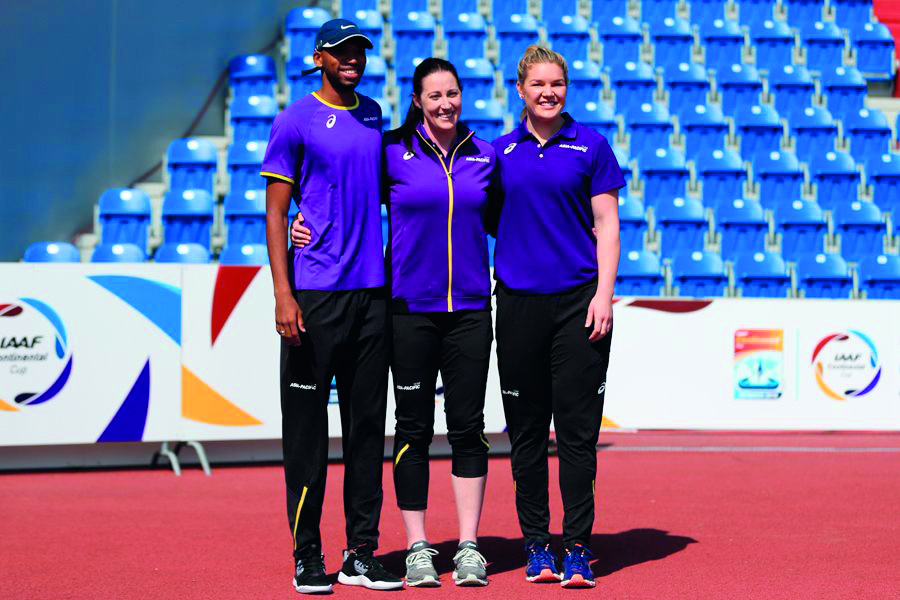 FROM LEFT: Team Asia-Pacific’s Qatari athlete Abderrahman Samba, Australia’s Dani Stevens and her compatriot Jana Pittman pose for a photograph in Ostrava, on the eve of the IAAF Continental Cup yesterday.