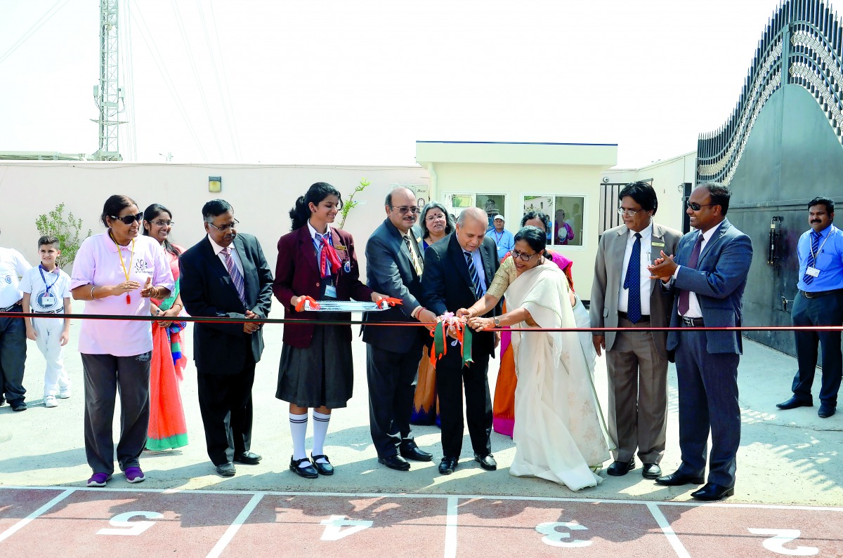 Gope Shahani, Chairman (Acting), with A P Sharma, Principal, and Shirly Rappai, Sr Vice Principal, inaugurating the new sporting facility at  the main campus in Abu Hamour.
