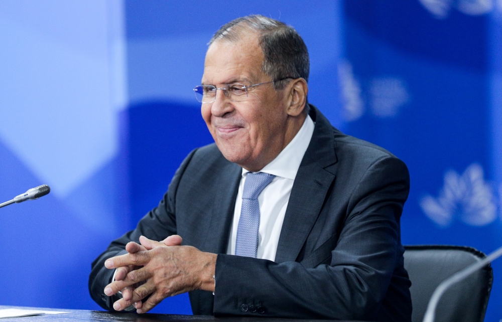 Russian Foreign Minister Sergei Lavrov attends a meeting of President Vladimir Putin and Chinese President Xi Jinping with participants of a round table discussion on Russia-China Cooperation on the sidelines of the Eastern Economic Forum in Vladivostok, 