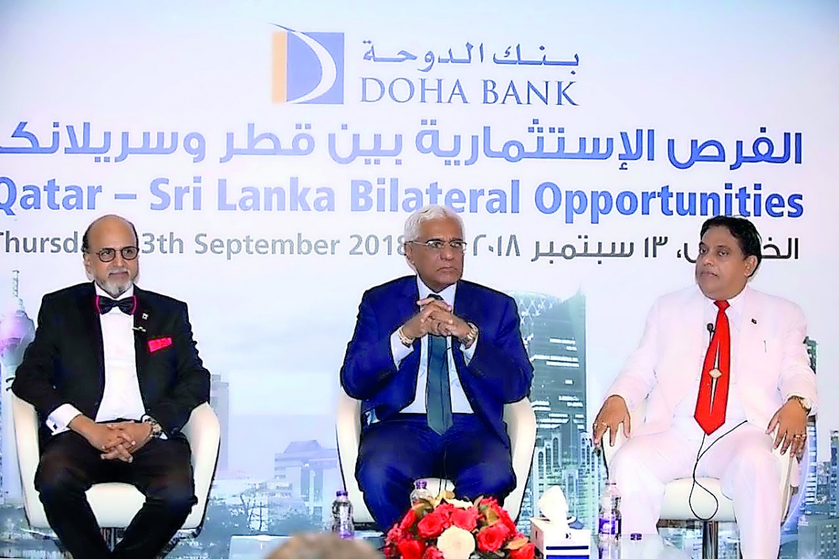 FROM LEFT: Doha Bank CEO Dr R Seetharaman, Sri Lanka’s Central Bank Governor Dr Indrajit Coomaraswamy and Sri Lankan Ambassador to Qatar, A S P Liyanage, during the ‘Qatar-Sri Lanka Bilateral Opportunities’ event hosted by Doha Bank.