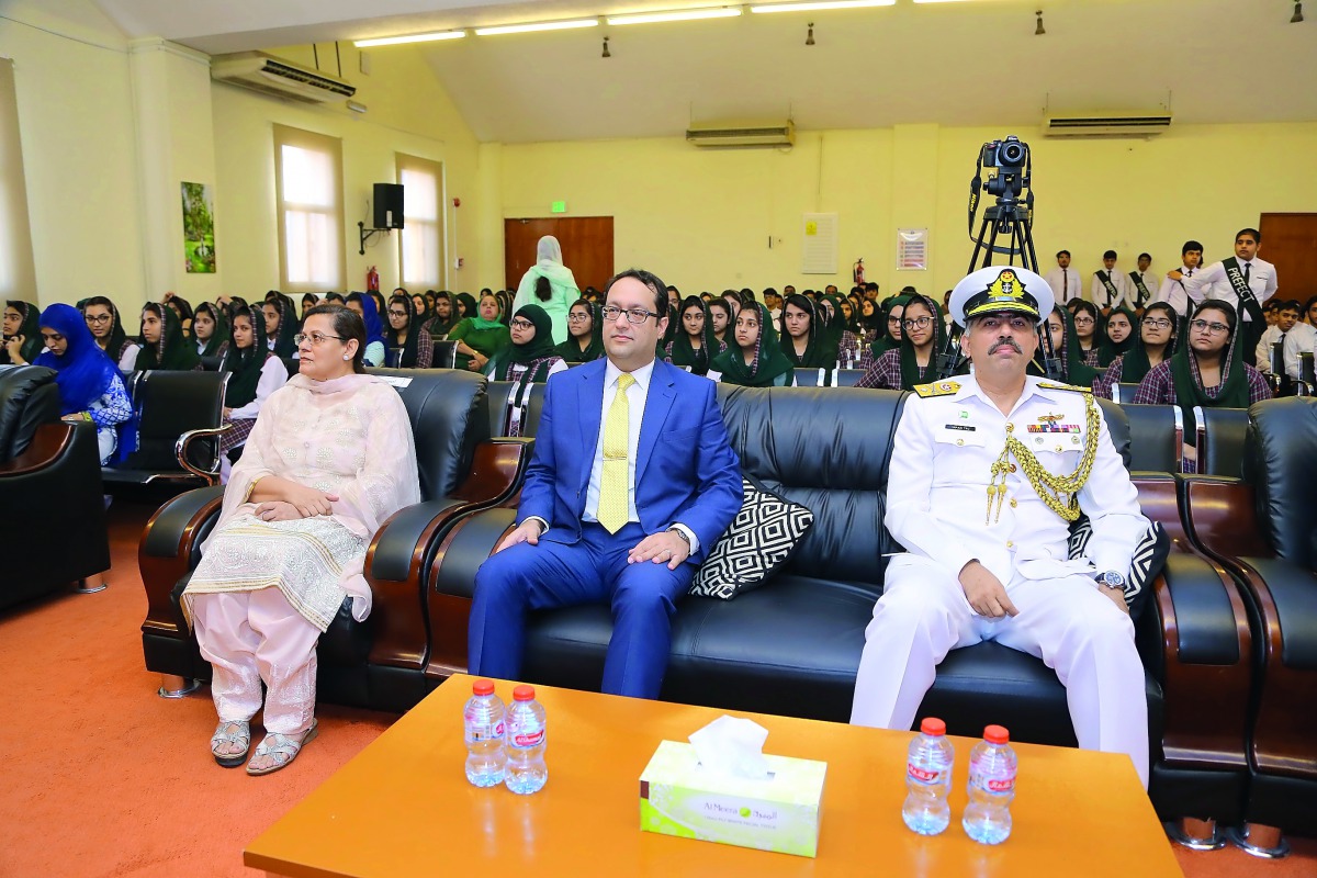 From Left: Principal of PISQ, Nargis Raza Otho, Chief Guest and Charge d’Affaires at Embassy of Pakistan, Murad Baseer,  and Defence Attache ,Commodore Irfan Taj.