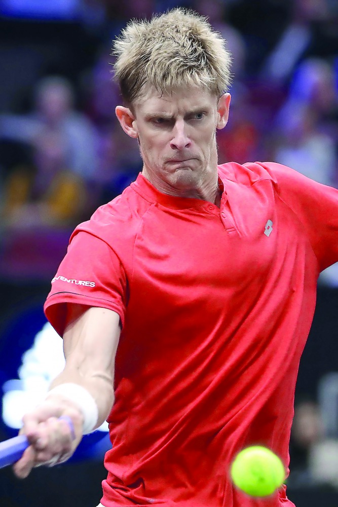 Kevin Anderson of the Team World in action against Novak Djokovic (not seen) of the Team Europe during their Men's Singles match on day two of the 2018 Laver Cup at the United Center in Chicago, Illinois, United States on September 22, 2018. (Bilgin S. ?a