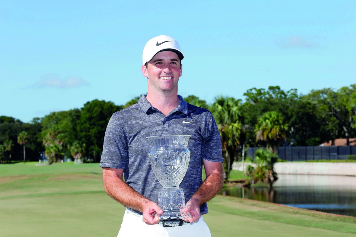 Denny McCarthy poses with the Finals Money Winner Trophy after the fourth and final round of the Web.com Tour Championship held at Atlantic Beach Country Club on September 23, 2018 in Atlantic Beach, Florida. Michael Cohen/Getty Images/AFP