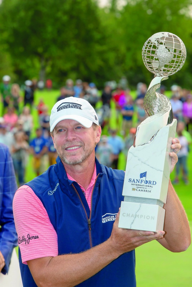 teve Stricker of Madison, WI celebrates winning the Sanford International at Minnehaha Country Club on September 23, 2018 in Sioux Falls, South Dakota. Tasos Katopodis/Getty Images/AFP