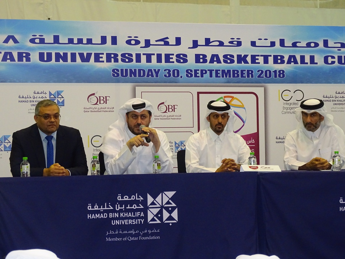 Officials from Hamad Bin Khalifa University and Qatar Basketball Federation, during the launch of Qatar Universities Basketball Cup.