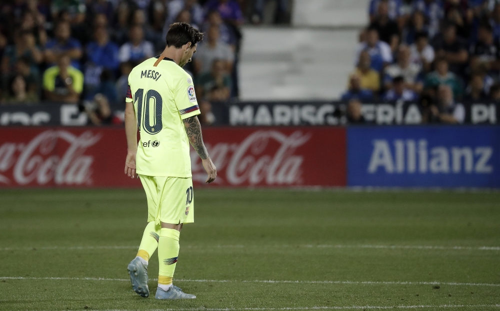 Lionel Messi of Barcelona reacts after the La Liga football match between Leganes and FC Barcelona at the Estadio Municipal Butarque in Madrid, Spain on September 26, 2018. ( Burak Akbulut - Anadolu 
