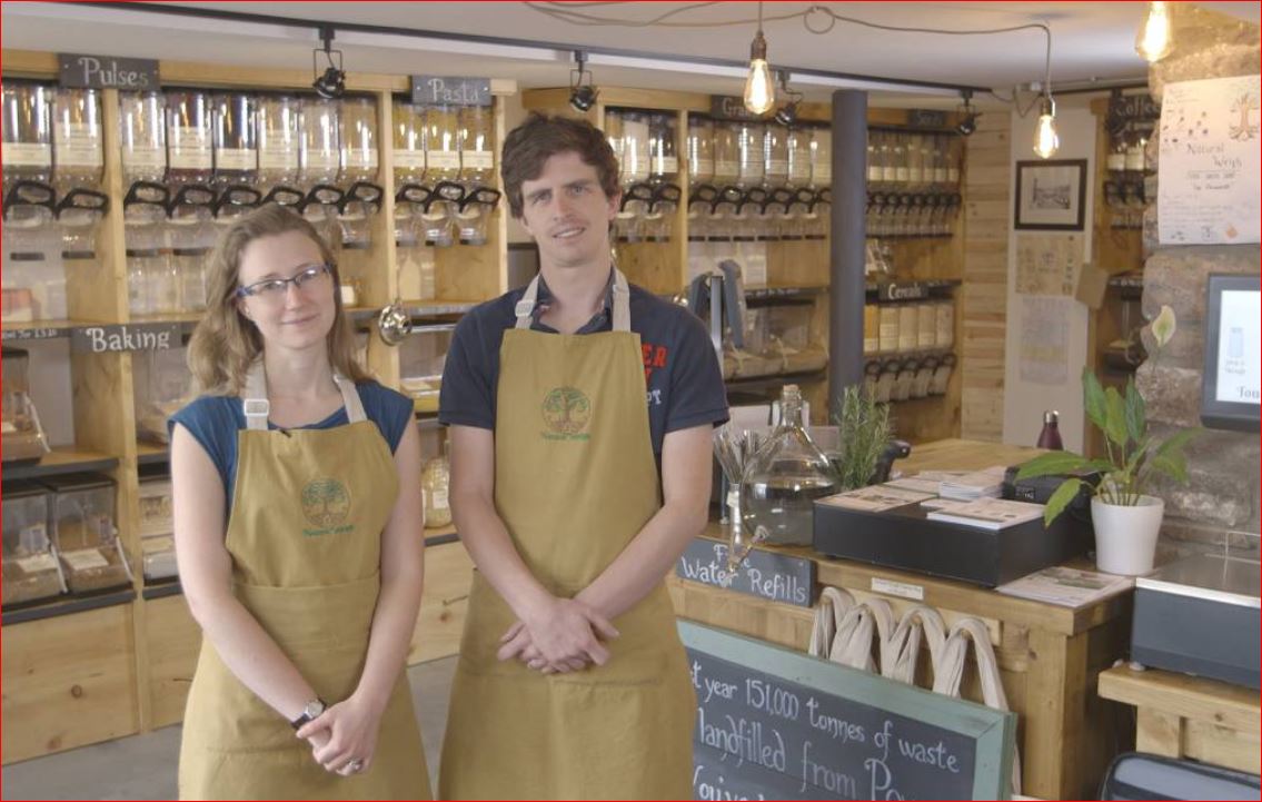 Masefield and Robin Masefield from Natural Weigh pose at their Crickhowell zero-waste shop, August 2018. (Wales Co-operative Centre)

