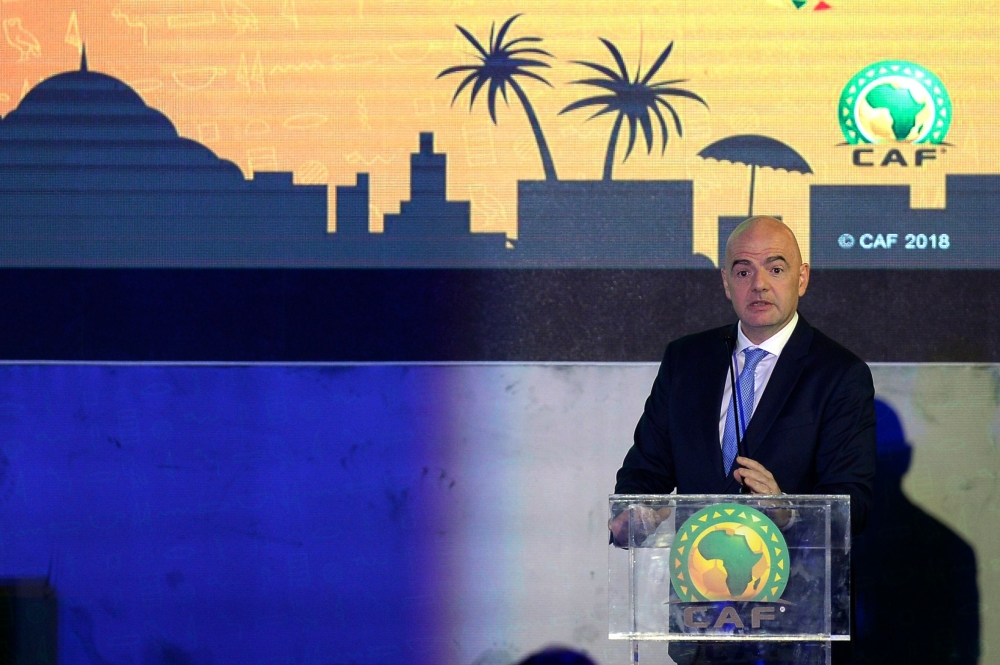 FIFA President Gianni Infantino delivers a speech during the CAF General Assembly meeting in the Egyptian Red Sea resort city of Sharm El-Sheikh on September 30, 2018. / AFP / MOHAMED EL-SHAHED