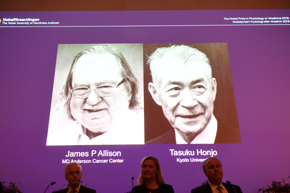 The Nobel Prize laureates for Medicine or Physiology 2018 are James P. Allison, US and Tasuku Honjo, Japan presented at the Karolinska Institute in Stockholm, Sweden October 1, 2018. TT News Agency/Fredrik Sandberg via Reuters

