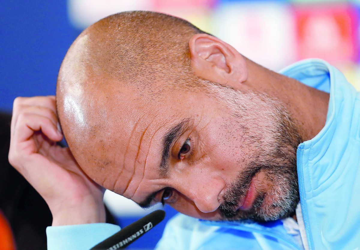 Manchester City manager Pep Guardiola during the press conference. Reuters/Ralph Orlowski 