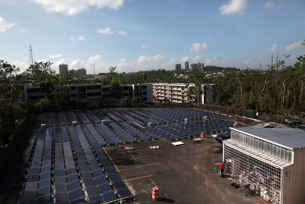 Solar panels set up by Tesla are seen at the San Juan Childrens Hospital after the island was hit by Hurricane Maria in September in San Juan, Puerto Rico, October 26, 2017. (Reuters/Alvin Baez) 