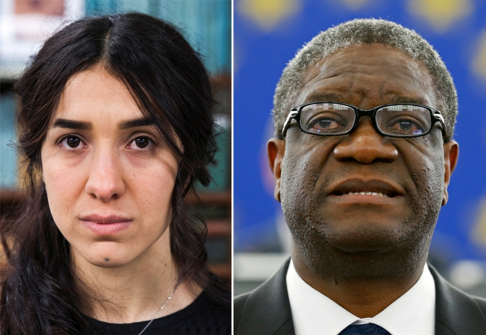 A combination picture shows the Nobel Prize for Peace 2018 winners: Yazidi survivor Nadia Murad posing for a portrait at United Nations headquarters in New York, U.S., March 9, 2017 (L) and Denis Mukwege delivering a speech during an award ceremony to rec