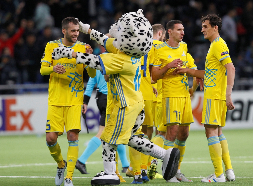 REPRESENTATIVE IMAGE: Astana's Marin Anicic celebrates with a mascot after the match. Europa League, Group Stage, Group K , Astana v Stade Rennes, Astana, Kazakhstan, October 4, 2018. Reuters/Alexei Filippov