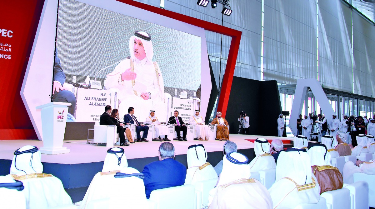 Minister of Finance H E Ali Shareef Al Emadi (centre) addressing at the Cooperation panel discussion on ‘Leading to Sustainable Economic Growth with Qatari Partners’ during the opening of International Product Exhibition and Conference (IPEC 2018), at the