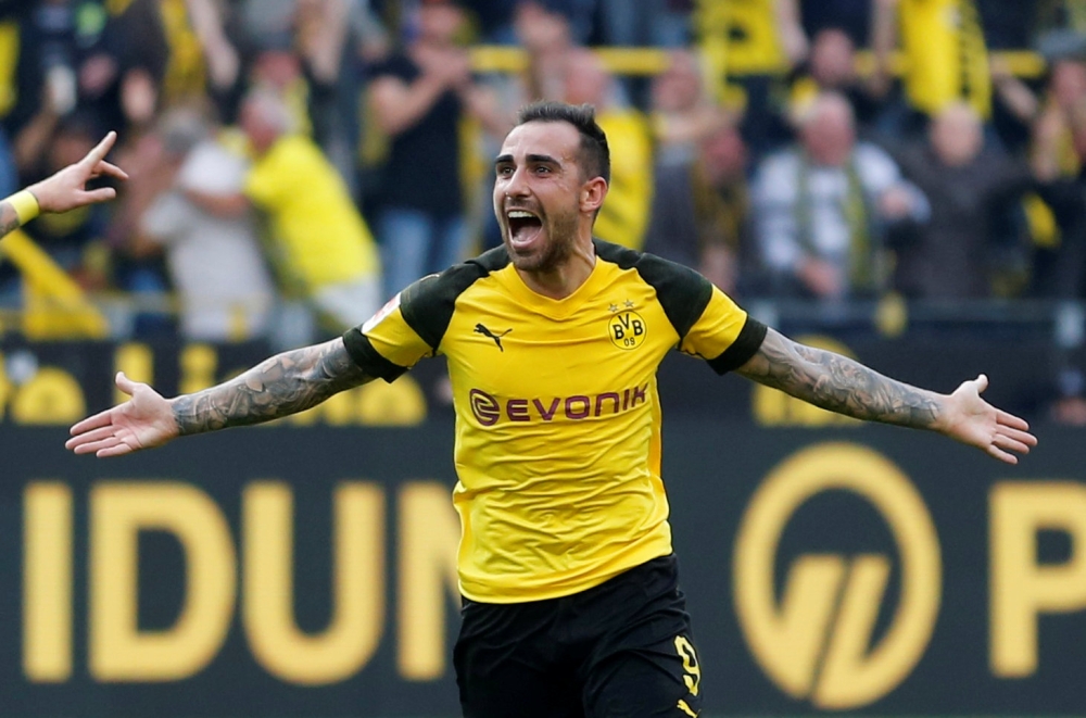 Borussia Dortmund's Paco Alcacer celebrates scoring their fourth goal REUTERS/Leon Kuegeler 
