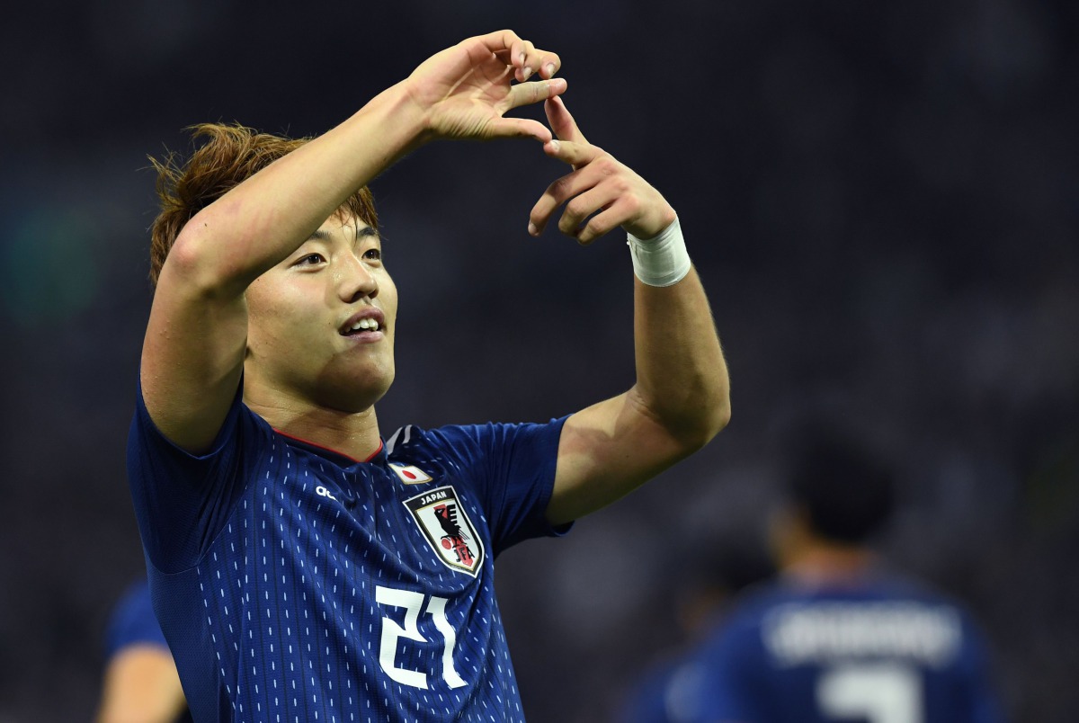Japan's midfielder Ritsu Doan celebrates scoring during the international football friendly match between Japan and Uruguay in Saitama on October 16, 2018. AFP/Toshifumi Kitamura