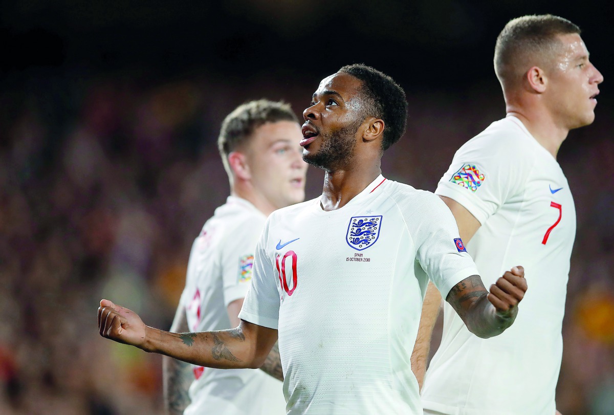 England’s Raheem Sterling celebrates scoring their first goal against Spain UEFA Nations League at the Estadio Benito Villamarin, Seville, Spain in this October 15 file picture.