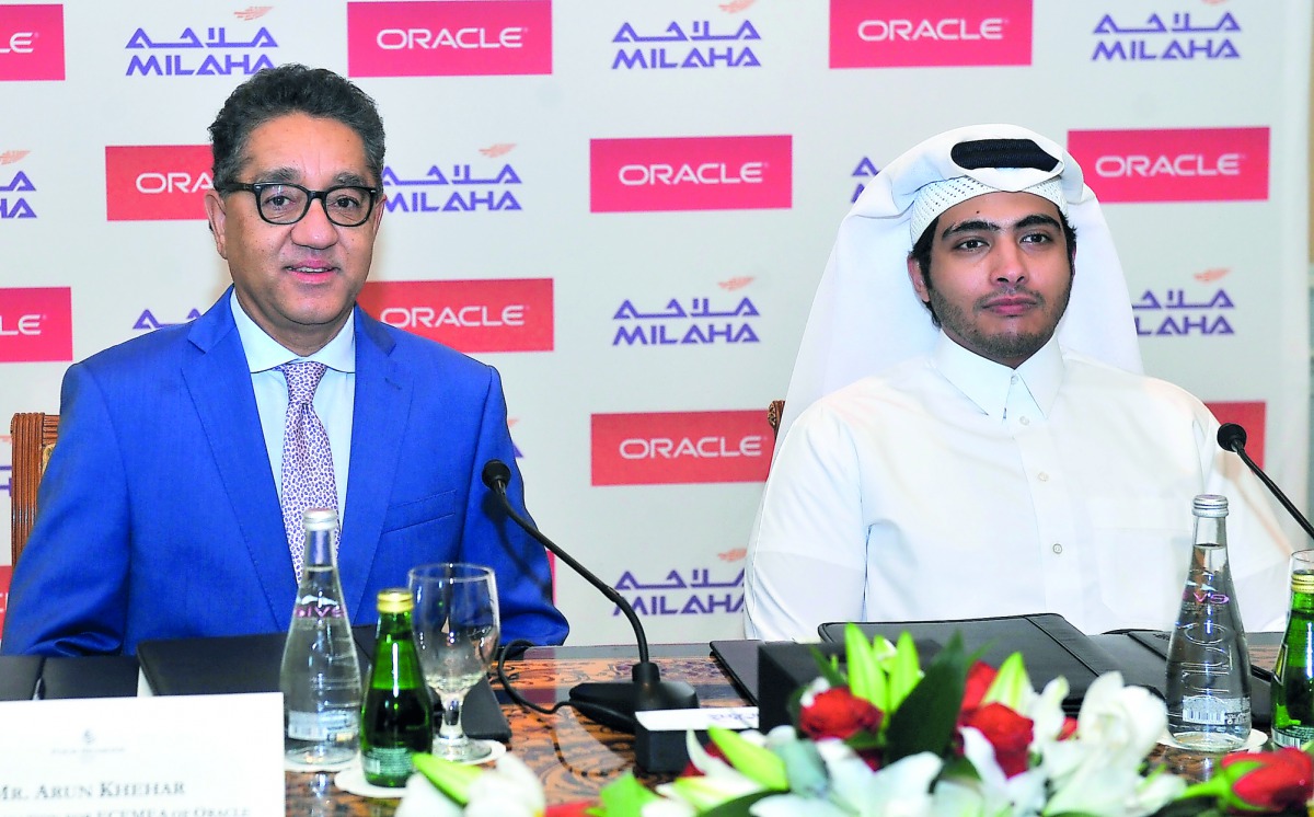 Abdulrahman Al Mannai (right), President and CEO of Milaha, and Arun Khehar, Senior Vice-President Application for ECEMEA of Oracle Cloud, during the signing ceremony at Four Seasons 
Hotel-Doha on Thursday. Pic: Baher Amin/The Peninsula